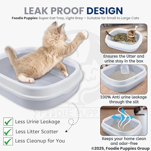 Image of Foodie Puppies Cat Litter Box Tray with Rim and Scooper (Large, 46 x 38 x 13 cm) | Semi-Closed Design and Durable Quality | Pet Litter Sand Tray Suitable for All Adult Cats & Kittens (Light Grey)