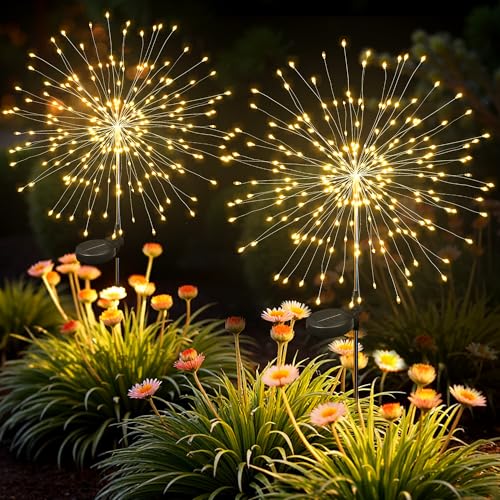 SUNCKET Solar Lights Outdoor 120LED 2pack Fairy Garden Lights Decor for Outside Fireworks Lights Solar Powered for Yard Patio Pathway Walkway Balcony Warm White