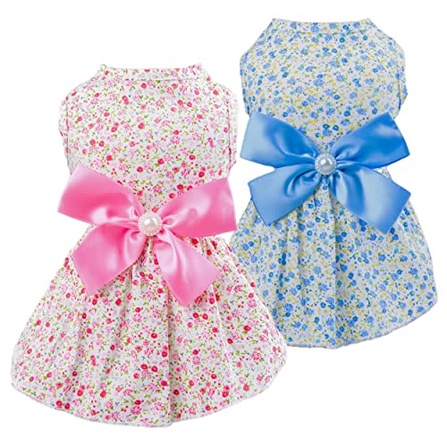 Msnfoasm 2-Pack Floral Pet Dog Dress,Pet Vest Shirt, Cutie Doggie Dresses,Pet Cats Apparel With Bowknot,Pink & Blue,Large #TOP7