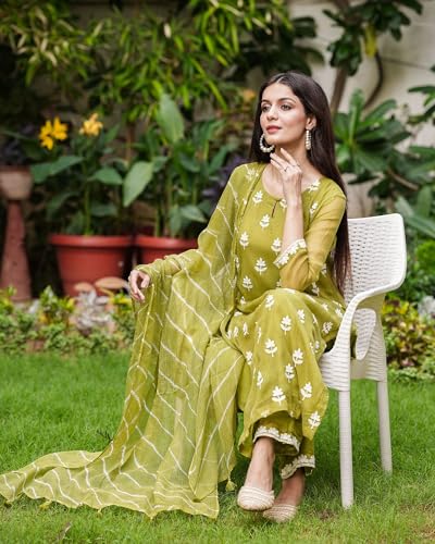 Image of GoSriKi Women's Cotton Blend Embroidered Straight Kurta with Pant & Dupatta (CHAKDOL-MAHENDI-GS