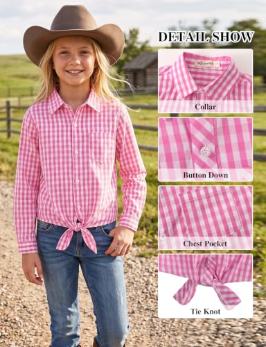 Image of Noomelfish Girls Long Sleeve Button Down Shirt Tie Front Western Tops Cowgirl Outfit (5-14 Years)
