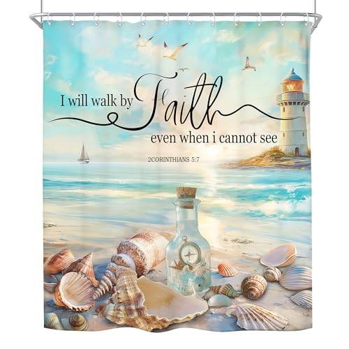 Riyidecor Beach Bible Verse Shower Curtain Ocean Christian Scripture Hawaiian Coastal Lighthouse Quote Nautical 72Wx72H Inch Starfish Seashells Fabric Decor Bathroom Polyester Waterproof 12 Pack Hooks - Image 7