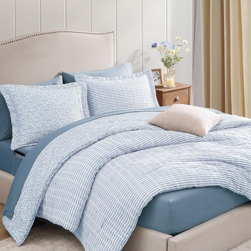 Queen Comforter Set - 7 Pieces Blue Gauze Muslin Bedding Sets for All Seasons, Lightweight Breathable Bed in a Bag Queen with Revesible Farmhouse Comforter, Sheets, Pillowcases & Shams