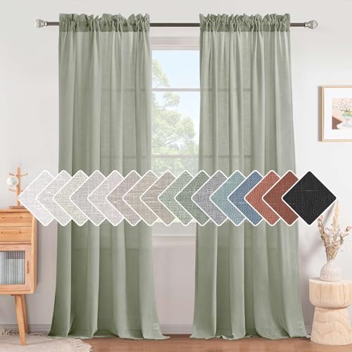 H.VERSAILTEX Linen Curtains Elegant Natural Linen Semi Sheer Curtains Energy Light Filtering Rod Pocket Window Treatments Panels for Living Room (Set of 2, Sea Grass, 52 inch W X 84 inch L)