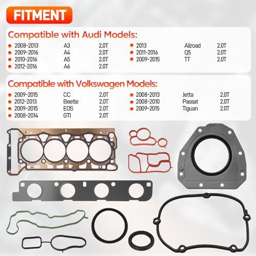 Image of 2.0T Intake Exhaust Valves & Cylinder Head Gasket Set with Bolts Compatible with 2009-2015 VW CC Jetta Eos Tiguan GTI Passat, Audi A3 A4 A5 A6 Q5 TT 2.0L L4 Engine Replace# 06D109601M 06D109611H