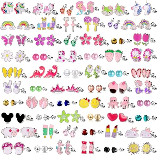 60 Pairs Cute Earrings Set - Hypoallergenic Stainless Steel Studs with Cartoon Characters, Colorful Faux Pearls & Sparkling Cubic Zirconias