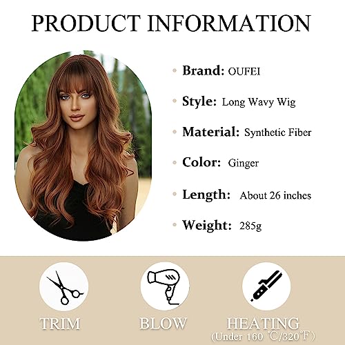 OUFEI Ombre Ginger Wigs with Bangs for Women Long Wavy Wig Natural Synthetic Hair Heat Resistant Wigs for Daily Party Cosplay Wear - Image 2