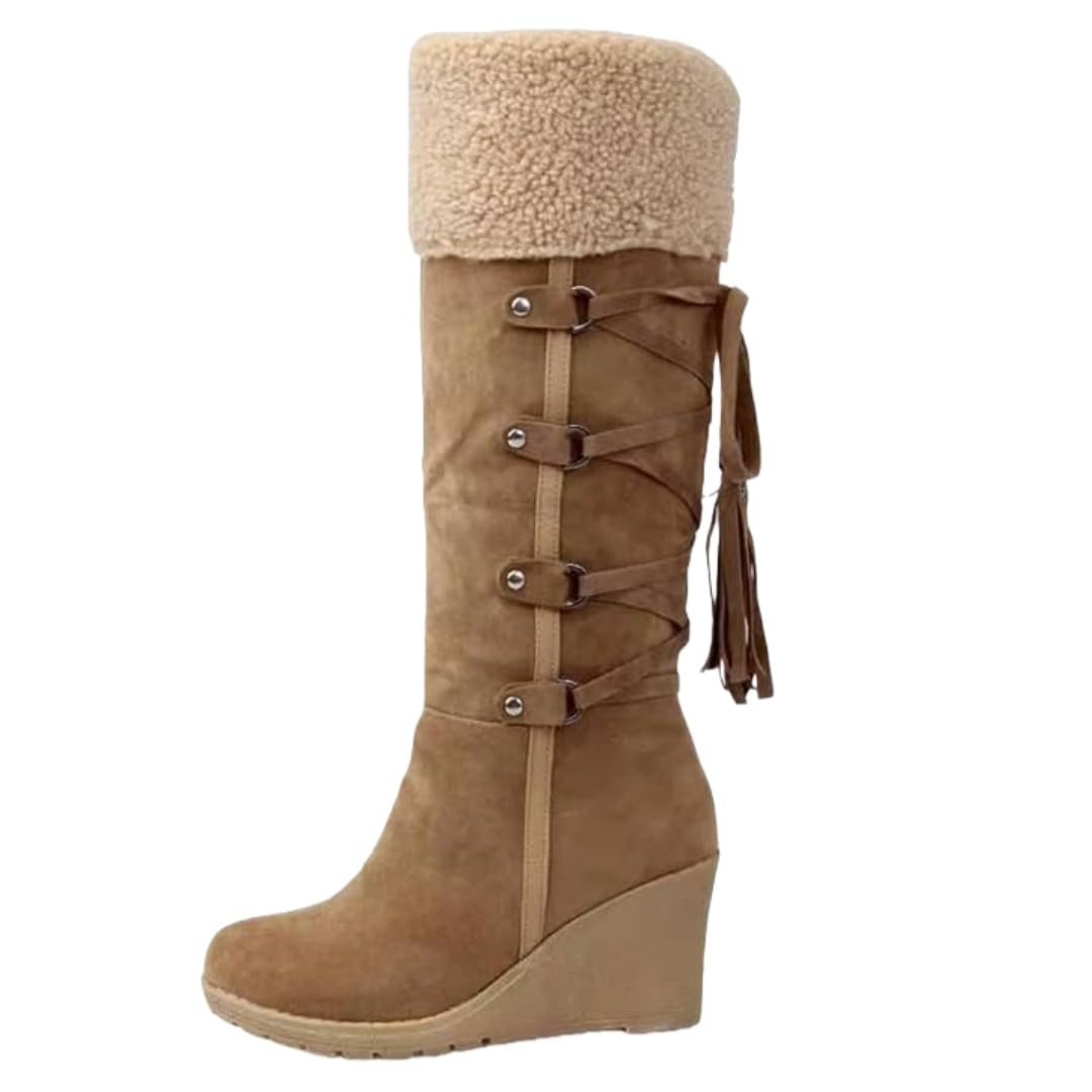 Womens Suede Plus Velvet Lined Flip Lace Up Tassel Knee High Boot Winter Warm Non Slip Platform Wedge