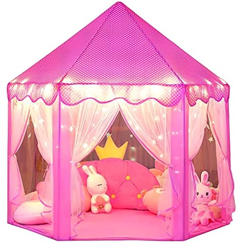 wilwolfer Princess Castle Play Tent for Girls Large Kids Play Tents Hexagon Playhouse with Star Lights Toys for Children Indoor Games (Pink) Cover
