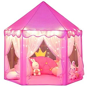 wilwolfer Princess Castle Play Tent for Girls Large Kids Play Tents Hexagon Playhouse with Star Lights Toys for Children Indoor Games (Pink)