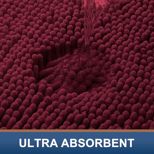 Smiry Luxury Chenille Bathroom Rugs 44x24, Extra Soft and Absorbent Shaggy Bath Mat, Machine Washable, Non-Slip Plush Carpet Runner for Tub, Shower, and Floor, Home Decor Accessories, Burgundy