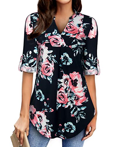 Womens Notch V Neck 3/4 Sleeve Dressy Tunic Shirts Work Blouse2