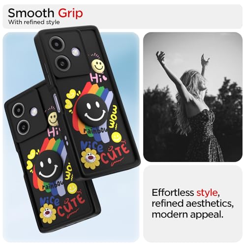 Image of Pikkme Back Cover for Oppo A3x 5G / A3x 4G / A3 5G | Soft Silicone| Cute Rainbow Smile & 3D Cartoon Flower Design | Shockproof Raised Camera Protection Bumper Case (Black)