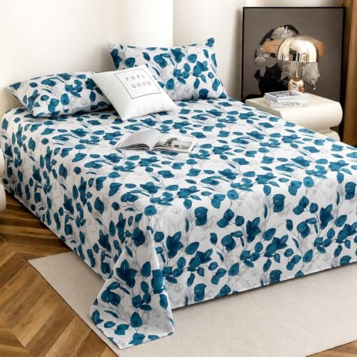 Image of IVAZA 240 TC Soft Ezyption Cotton Floral Print King Size Bedsheet - with 2 Pillow Covers, Hypoallergenic, Brethable, (Size- 90 x 90 Inch) White Blue Leaf