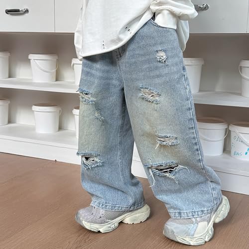Boys Distressed Denim Jeans Baggy Style Elastic Waist Comfortable Fashionable Ripped Pants for Active Kids2