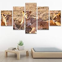 SIGNWIN 5 Panel Canvas Wall Art Modern Art Animals Dramatic Giraffe Lion Multicolor Photography Southwest for Home Decorations Ready to Hang - 60