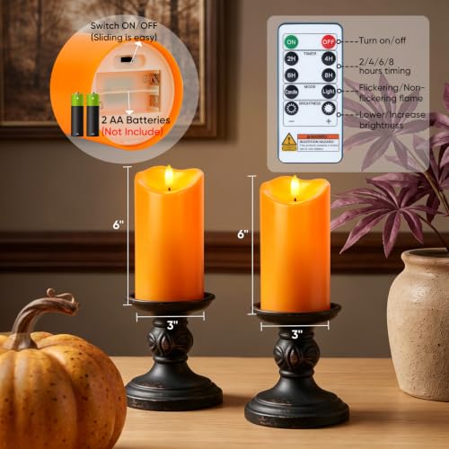 Image of Raycare 6 inchx3 inch Outdoor Waterproof Flameless Candles with Remote and Timer, Battery Operated LED Electric Fake Pillar Candle for Halloween Home Wedding Decor, Orange, Set of 2