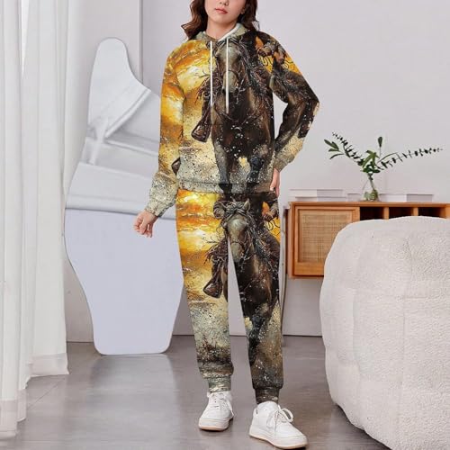 Boys Girls Pullover Hoodie Jogger Pants Kid Outfit Sweatshirt Sweatpants Set, Western Cowboy Horse West2