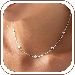 Kette Gold Silber 925 Damen 14K Vergoldet Halskette Damen Kleeblatt Herz Perlen Cub…
