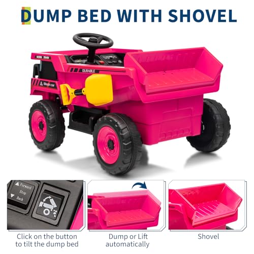 Garvee 12V Ride On Dump Truck for Kids, Ride On Car with Remote Control, Construction Vehicles with Dump Bed & Shovel, Ride-On Toys 16.5 in Spacious Seat, Music, Headlights, Soft Start, Pink — view 4