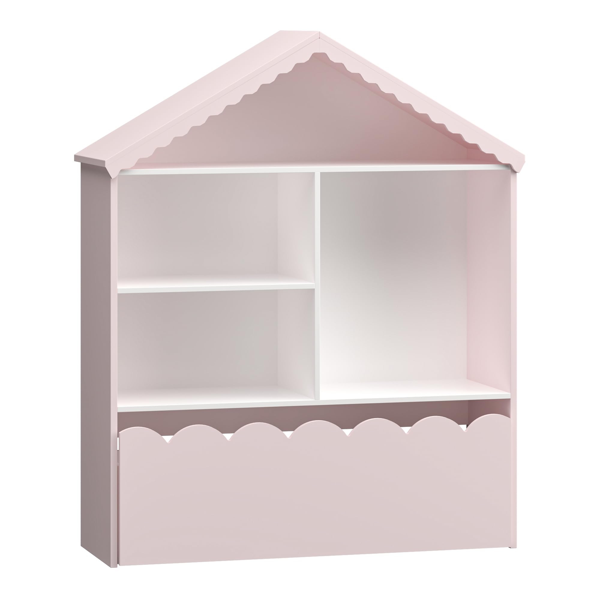 [en.casa] Étagère pour Enfants en Forme de Maison Meuble de Rangement avec Compartiments Ouverts et Tiroir Ondulé Bibliothèque MDF Panneau de Particules 114 x 91 x 30 cm Rose Barbe à Papa Blanc