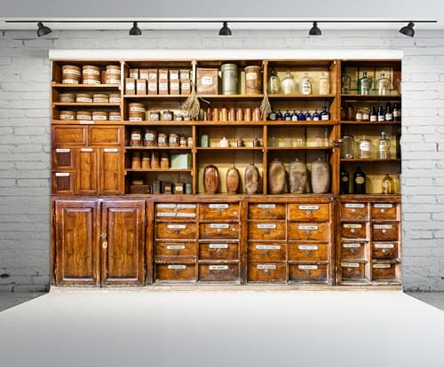 CHNYWORK 8x6ft Old Pharmacy Backdrop for Photography Rustic Wooden Shelf with Bottles Apothecary Cabinet Background Wooden Cabinet Decorations Pharmacy Background Photo Shoot Props Wallpaper - image 3