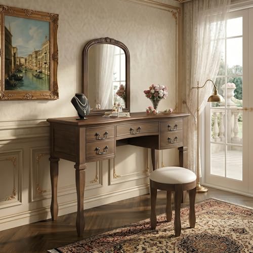 Image of JIVOIT 46 inch Vintage Makeup Vanity Table with Leather Stool, Vanity Desk with Curved Flower Frame Mirror, Dressing Table with 5 Drawers and Antique Handles, Easy Assembly
