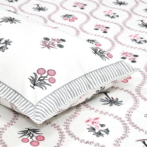 Image of DE CAMA Since 1997 | 100% Cotton 300 TC Premium King Size Bedsheet for Double Bed (90 x 108 Inch) with 2 Pillow Covers Set (17 x 27 Inch) Designer Printed Bedsheet Set - Blossom, White