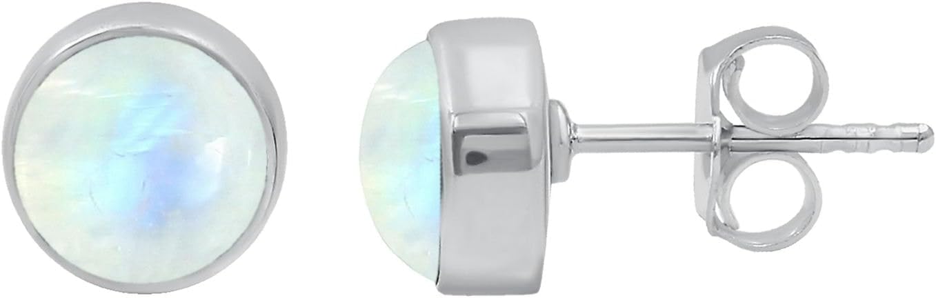 Natural Gemstone & Created Opal 925 Sterling Silver Post Stud Earrings for Women - Silver Plated Handmade Round Stone Birthstone Jewelry - Gift for Birthdays, Daily Wear or Special Occasions