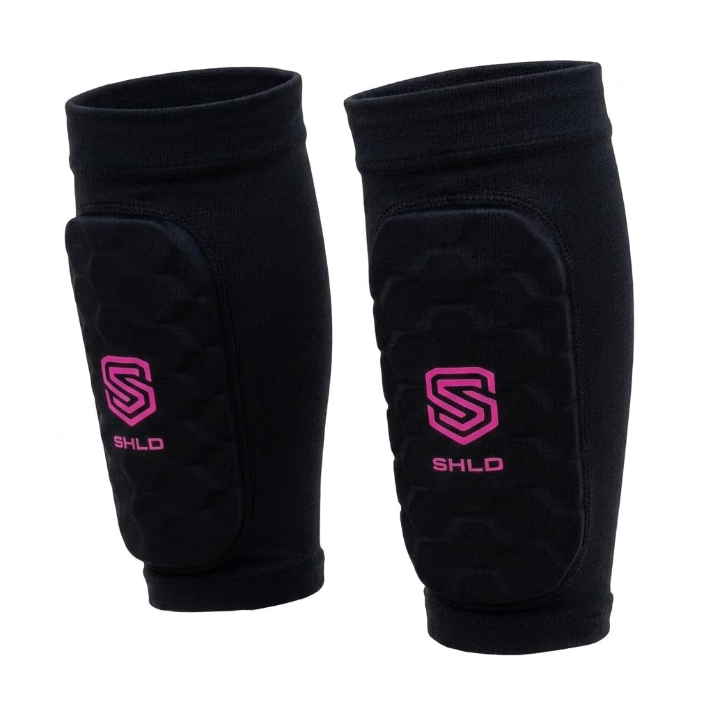 SHLD Sports Kids Shin Pad Sleeves Ages 3-5, Ultra Light Protective Football Built-in Shin Guard Sleeves for 3 4 5 Year Old Children Boys & Girls (Black/Hyper Pink, Small) — image 1