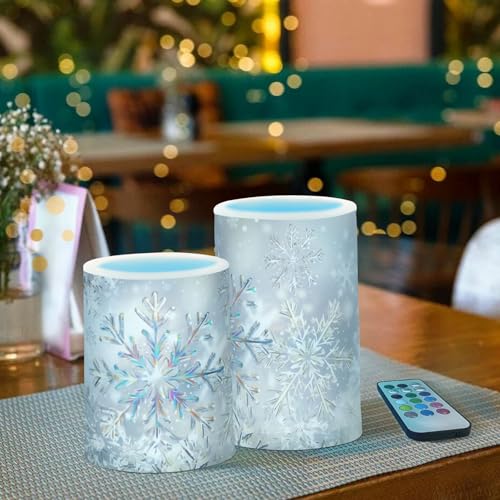 Image of Christmas Lights Flameless Candles Silver Background Snowflakes B Pillar Candles Set of 2 Battery Operated Remote Control Warm Lights Home Decor