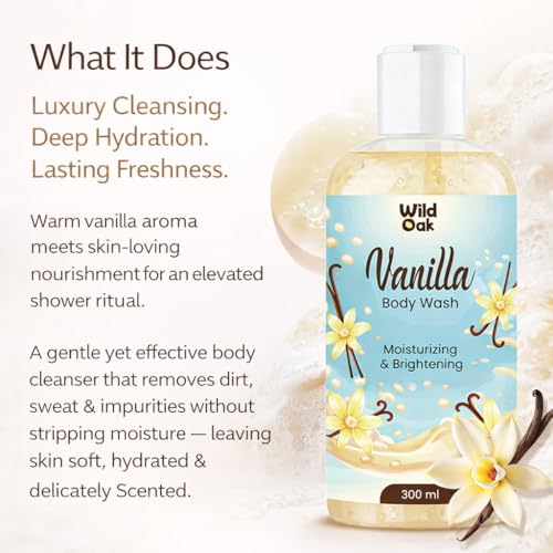 Image of WildOak Vanilla Body Wash | 300ml | Brightening, Hydrating & Gentle Exfoliating with Hyaluronic Acid, Collagen Peptides & Ceramides | Cleanser with Mandelic Acid & Probiotics for Soft, Smooth & Radiant Skin