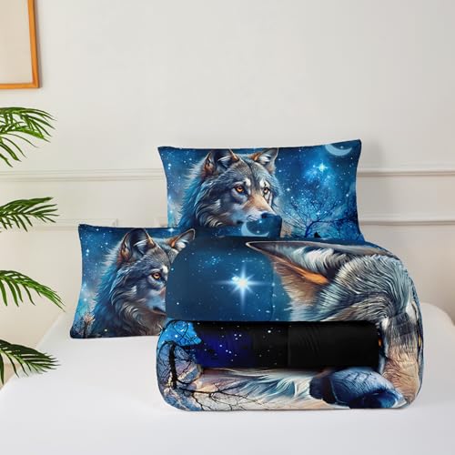 Image of Wolf Comforter Set King for Boys Girls,Wolf Night Moon Galaxy Bed Set,Woodland Wild Animals Theme Comforter Set with 2 Pillowcase,Rustic Blue Black Bedding Set for Bedroom Decor