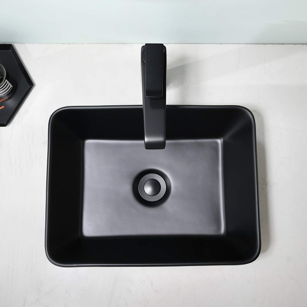 Weißes Keramik-Waschbecken Mit Schwarzem Wasserhahn – 48,3 X 38,1 Cm, Gefäßbecken Fürs Badezimmer, Inkl. Ablauf
