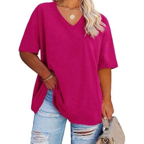 Women's Plus Size V Neck T Shirts Summer Half Sleeve Tees Casual Loose Fit Cotton Tunic Tops