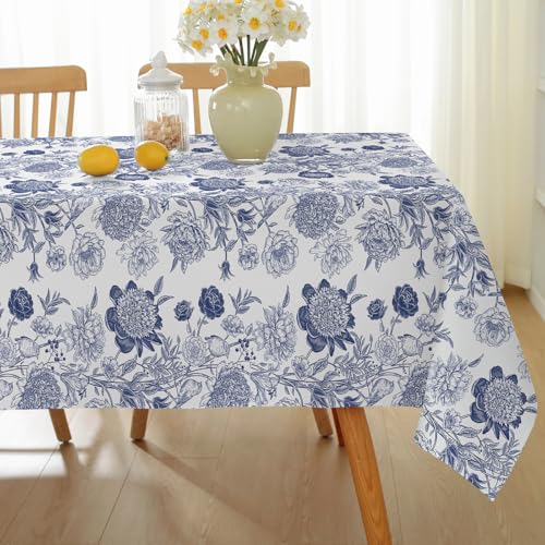 SASTYBALE Spring Summer Tablecloth 52 x 70 Inch, Rectangle Vintage Blue and White Floral Table Cloth, Washable Spill Proof & Wrinkle Free Polyester Table Cover for Party, Picnics, and Dinner