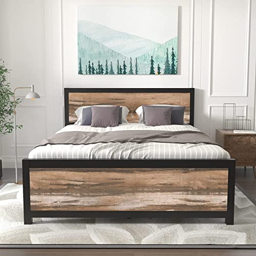 Queen Bed Frames With Headboard Queen Platform Bed Frame Rustic Wood Platform Metal Bed Frame Queen Size Bed Frames With Storage No Box Spring Needed Heavy Duty Slat Support (Industrial Brown, Queen) #TOP29