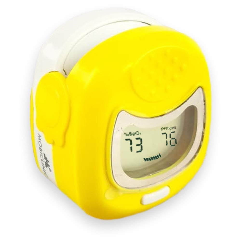 Mobiclinic, Pulsossimetro infantile da dito, Saturimetro bambino, Ossimetro, Mod. px-03, Marchio europeo, Misuratore ossigeno sangue, Marcatura ce, Frequenza cardiaca, Grafico a barre, Giallo