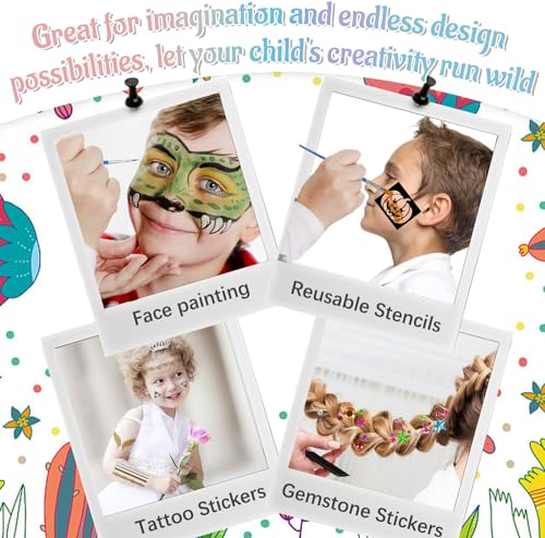 Image of BRAINLE Kids Face and Body Paint Kit: Water-Based, Non-Toxic, 20-Color Oil Palette with 3 Glitters, 2 Hair Chalk Combs, 2 Paint Brushes, 32 Stencils, Tattoo for Parties, Facepaint, Halloween Makeup