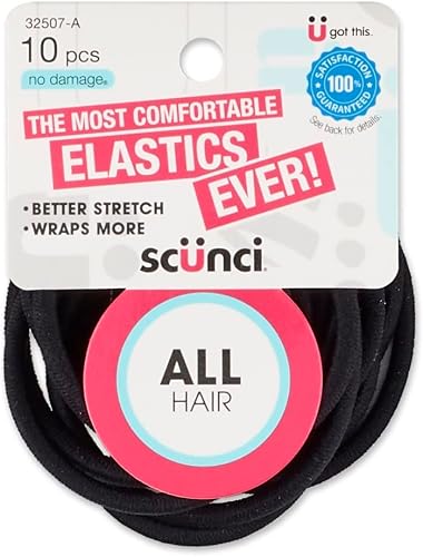 Scunci No-Damage 4mm Nylon All Hair Elastics, Black, 10-Pieces