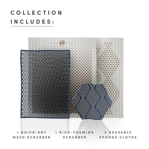 Image of Brite by Scotch-Brite Limited Edition 4-Piece Scrub and Wipe Collection with 1 Rich-Foaming Dish Scrubber, 1 Quick-Dry Mesh Scrubber, and 2 Reusable Sponge Cloths