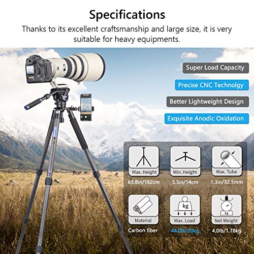 AS80C Kamerastativ aus Kohlefaser, sehr stabil und leicht, professionelles Kamerastativ, maximale Traglast 20 kg, 65 mm… – Bild 3