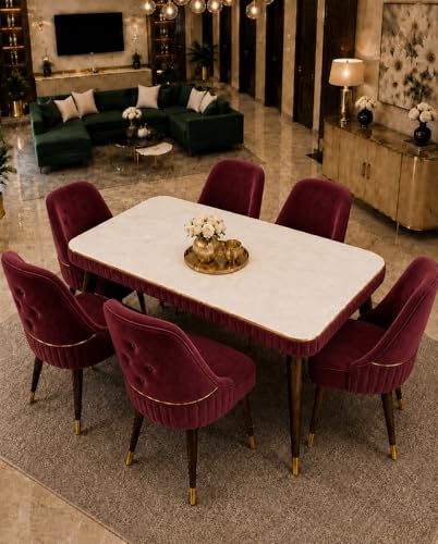 Image of WOODEN SPACE 6-Seater Wooden Dining Table Set | Nano Composite Marble Top | Solid Wood Base | Modern Dining Room Furniture with 6 Chairs (Grand Aura Maroon)