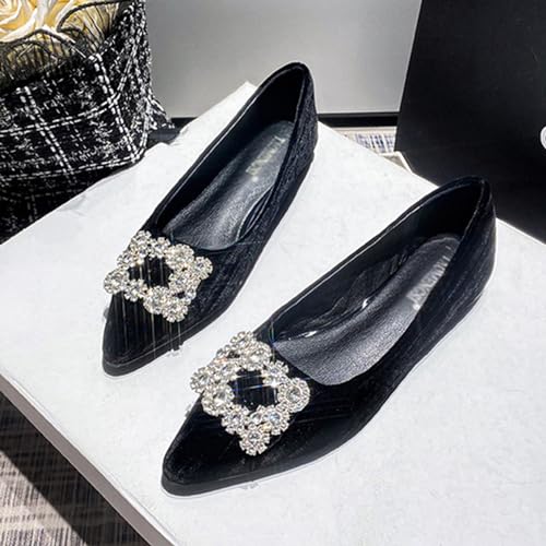Image of Women's Rhinestones Pointed Top Suede Flats Shoes,Comfort Slip on Flat Loafers Fashion Sparkly Wedding Party Ballerina Dress Shoes