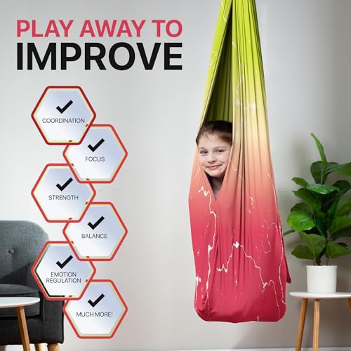 Image of Indoor Sensory Swing for Kids or Outdoor - Holds 300lbs, Double-Layer, & 360 Swivel, Calming Compression Therapy Swing Hammock for Kids & Adults with All Hardware - Sensory-Motor Toys & Gifts