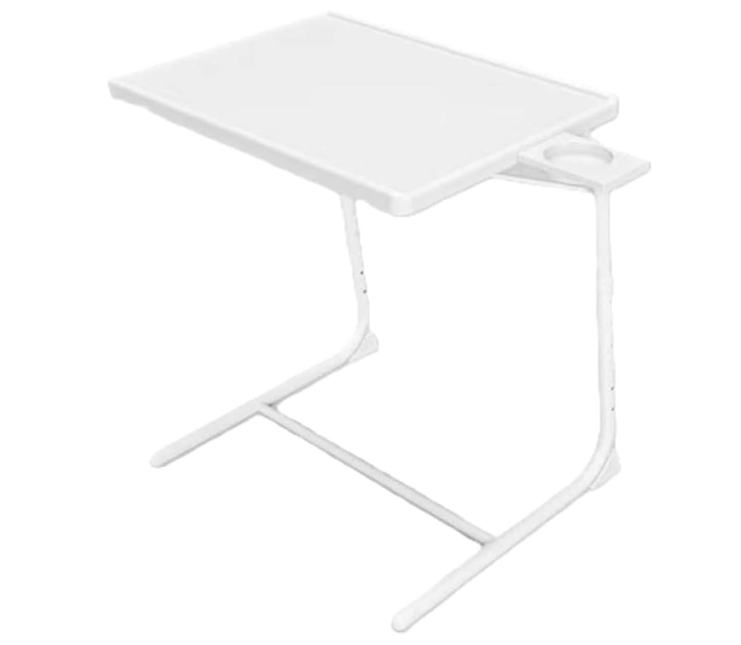 PREMZO Folding Table Adjustable Freestanding Portable Desk Laptop TV Stand Metal Frame Multi-Functional Home Office Living Room Bedroom Garden (White With Cup Holder)