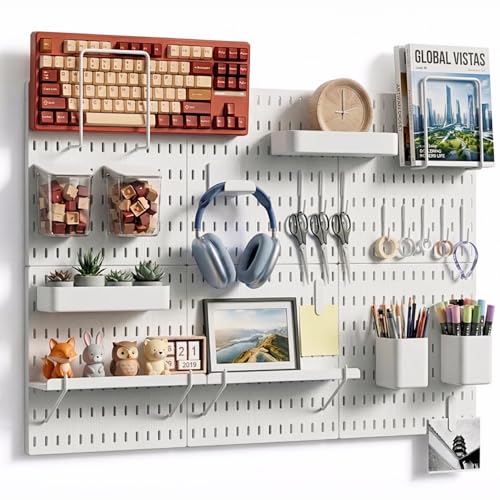 Keepo Peg Board Wall Organizer – Plastic Pegboard Panels, Modular Peg Board Storage System for Home Office, Craft Room, Gaming Setup (White, 33″×22″)