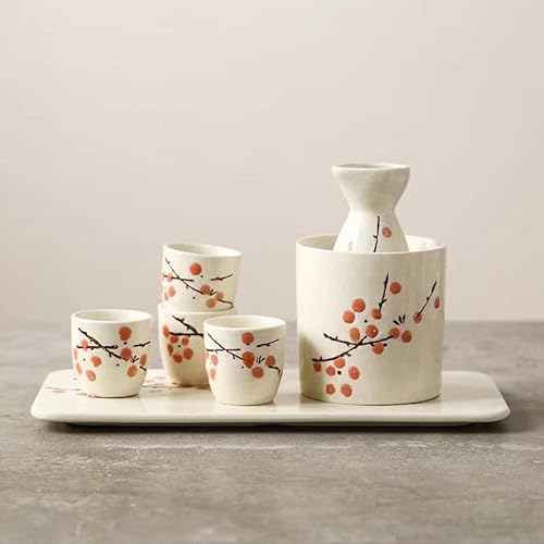 YIRENZUI Japanese Sake Pot Ceramic Wine Glass Flagon Pot Tray Flat Plate Handpainted Sake Wine-Warmer Plum Pattern Drinking Vessels,Most Ideal Choice