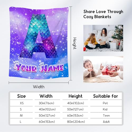 Mermaid Blanket for Girls - Personalized Mermaid Gifts for Kids - Custom Flannel Soft Cozy Blankets with Name - Fuzzy Initial Throw for Sofa, Living Room