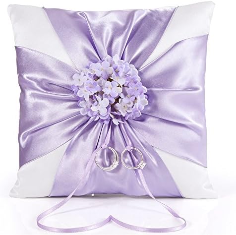 LONGBLE White Elegant Wedding Ring Bearer Pillow Purple Satin Cross Knot and Lilac Flowers Decoration Ring Cushion with Slim Ribbon 18cm Square (W7)